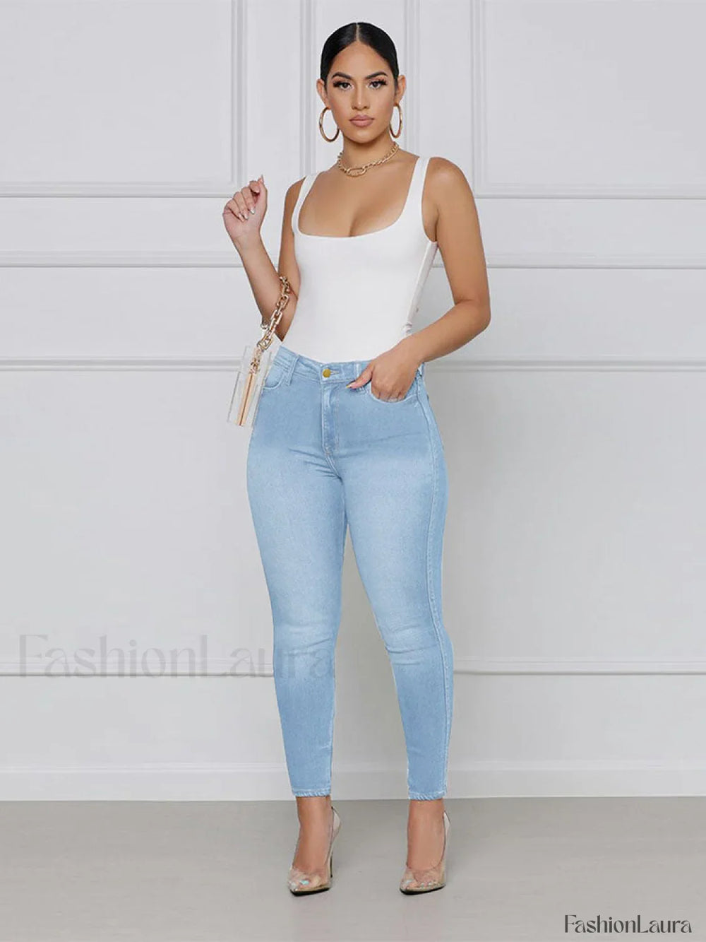 Ripped High Waist Skinny Jeans Light Blue / XL Jeans