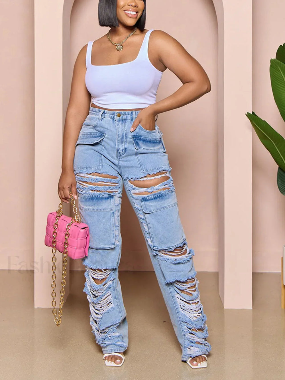 Ripped Pocket High Waist Jeans Blue / S Jeans
