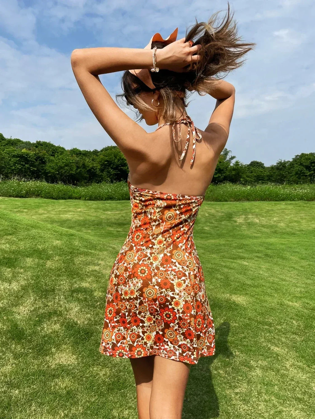 Romantic Floral Print Halter Short Holiday Floral Dress