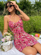 Romantic Floral Print Halter Short Holiday Floral Dress pink / XS