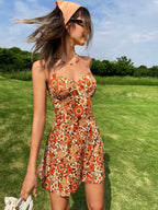 Romantic Floral Print Halter Short Holiday Floral Dress yellow / XS