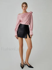 Romantic Satin Rosette Trendy Long Sleeve Blouse Blouses