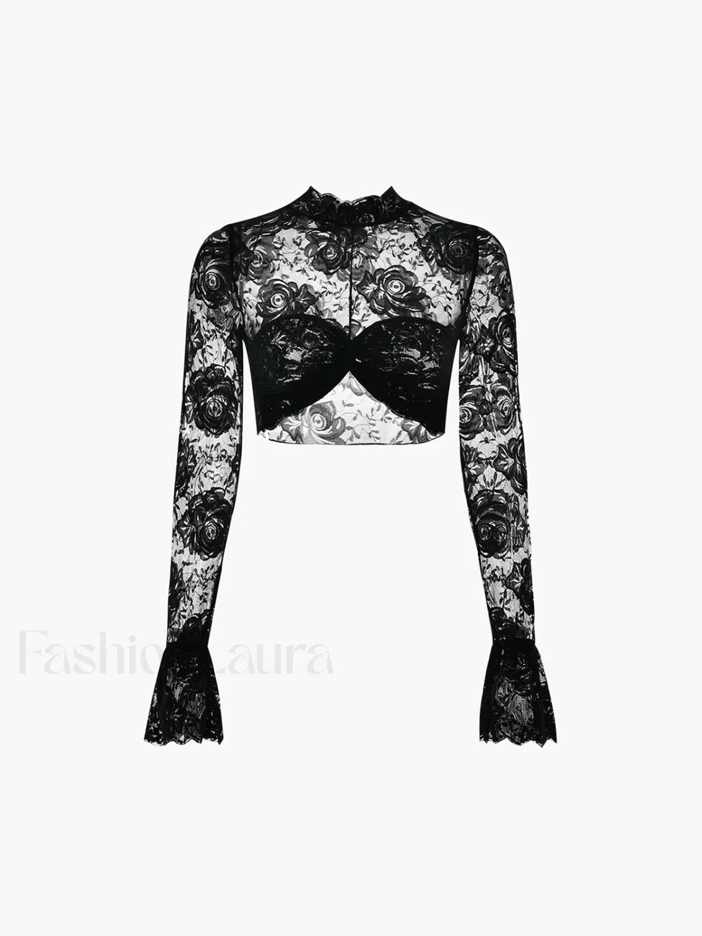 Rose Lace Mesh Trendy Mock Neck Crop Top Black / XS T Shirts