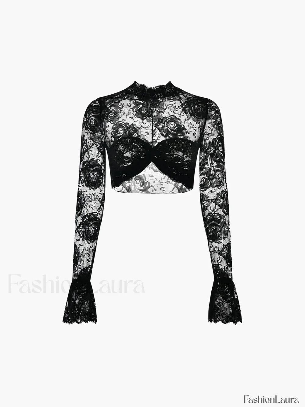Rose Lace Mesh Trendy Mock Neck Crop Top Black / XS T Shirts