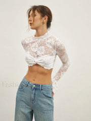 Rose Lace Mesh Trendy Mock Neck Crop Top T Shirts