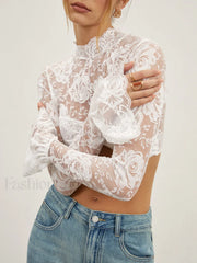 Rose Lace Mesh Trendy Mock Neck Crop Top T Shirts