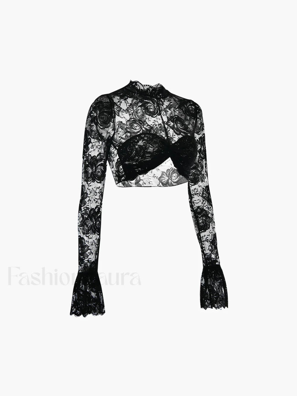 Rose Lace Mesh Trendy Mock Neck Crop Top T Shirts