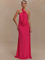 Rose Lace up Off Shoulder Maxi Dress Rose Red / S