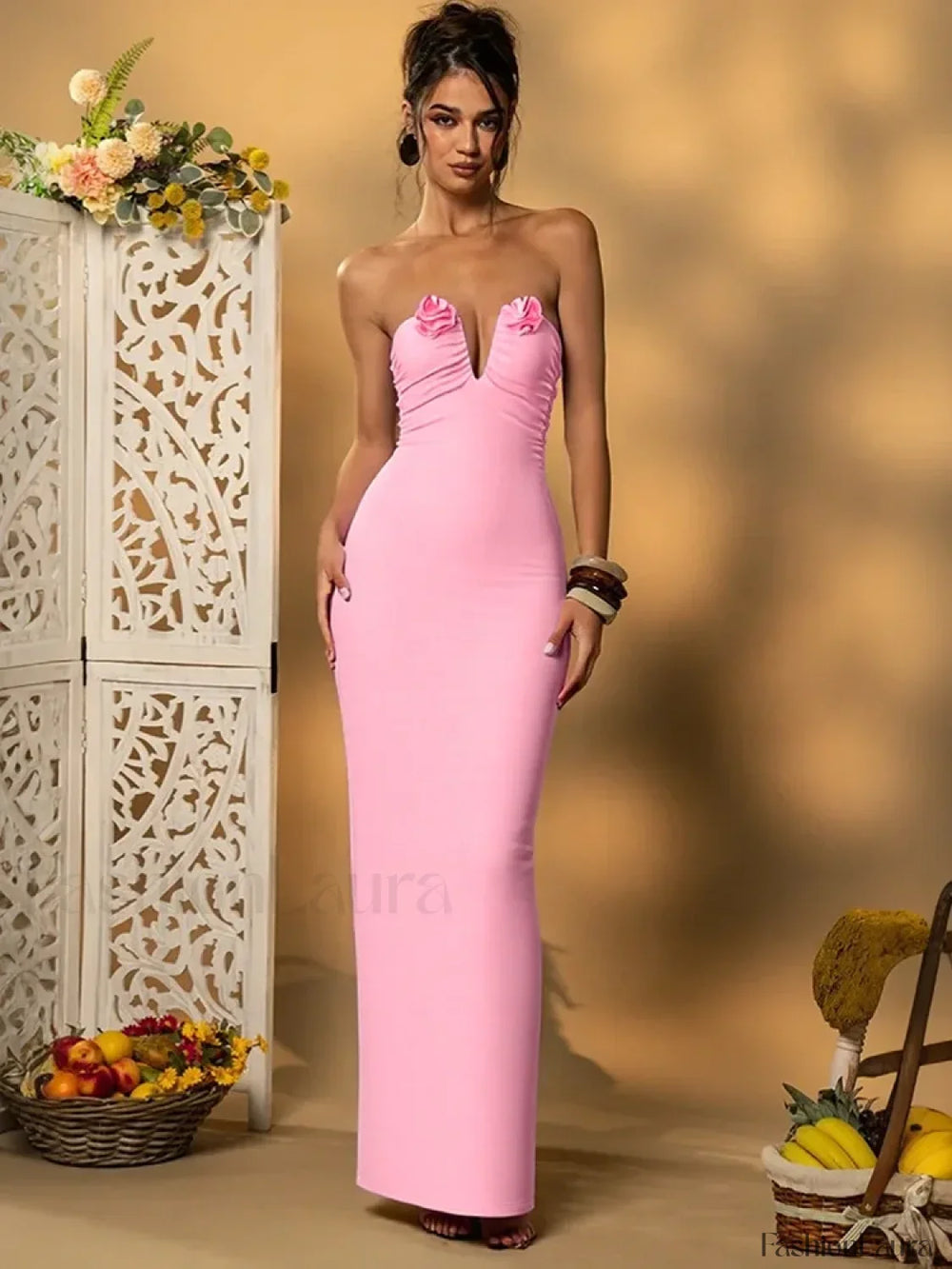 Rose Pink Strapless Maxi Dress