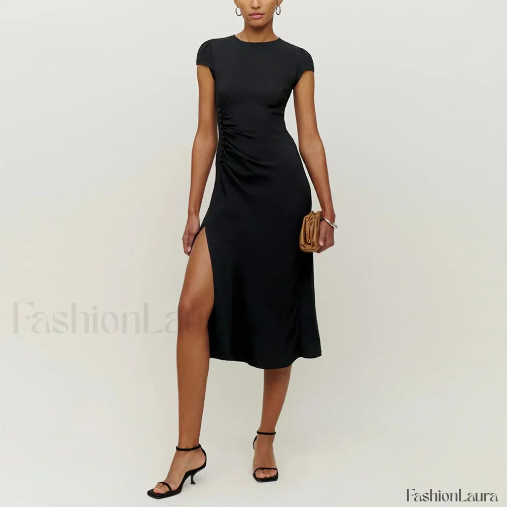 Round Cap Sleeve Floral Dress black / S