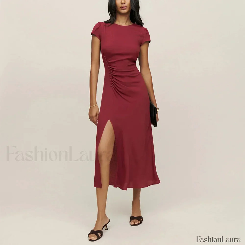 Round Cap Sleeve Floral Dress red / S