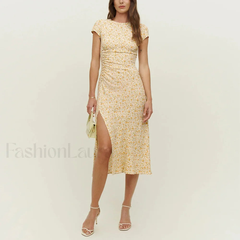Round Cap Sleeve Floral Dress yellow / S
