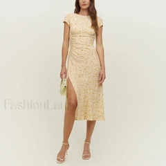 Round Cap Sleeve Floral Dress yellow / S