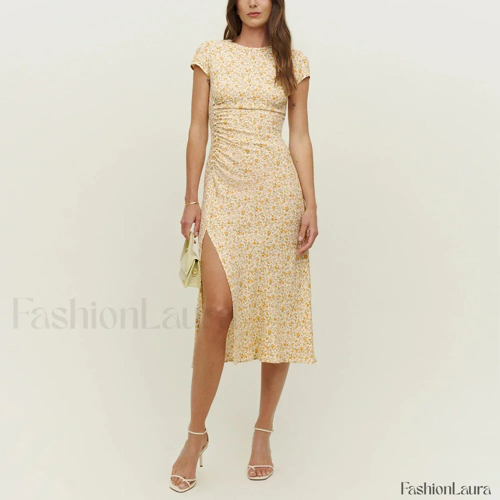 Round Cap Sleeve Floral Dress yellow / S