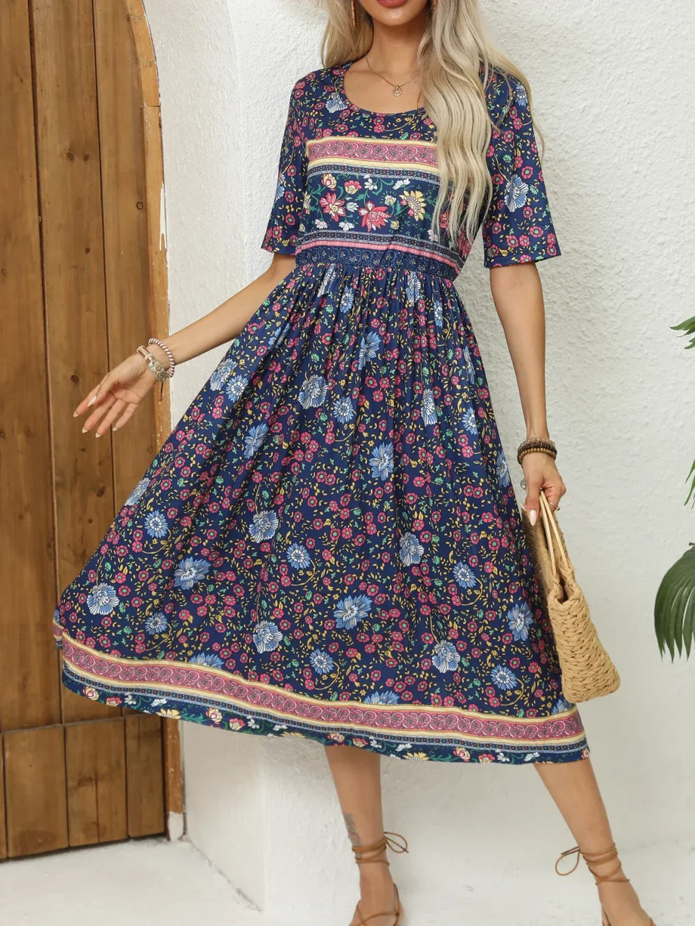 Round Neck Bohemian Print Boho Dress Blue / S