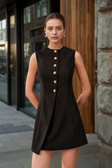 Round Neck Tie Metal Button Work Dress