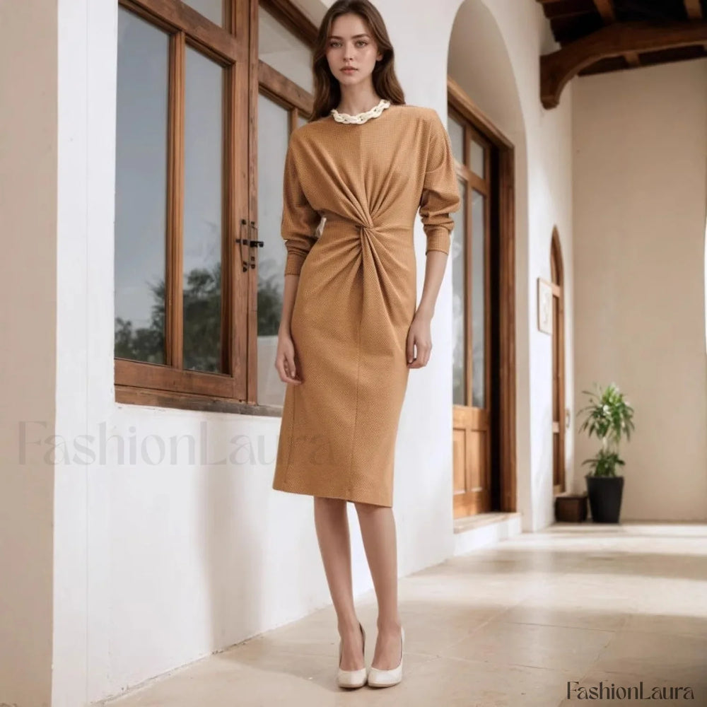 Round Neck Waist Twist Slim Fit Midi Maxi Dress Khaki / S