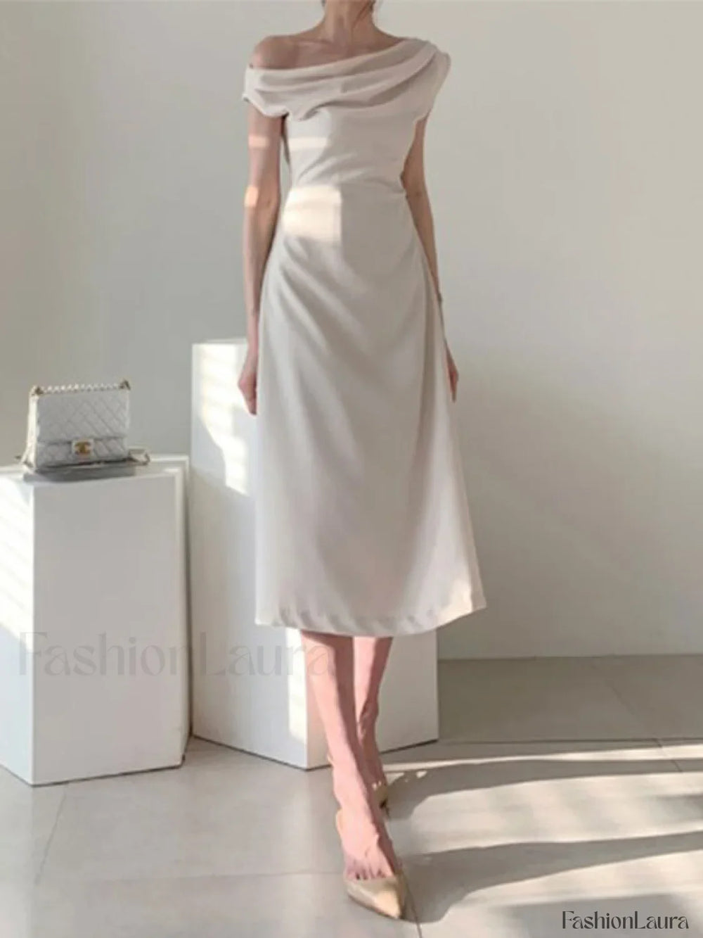 Ruched Boat Neck Party Midi Dress Apricot / S Midi Dresses