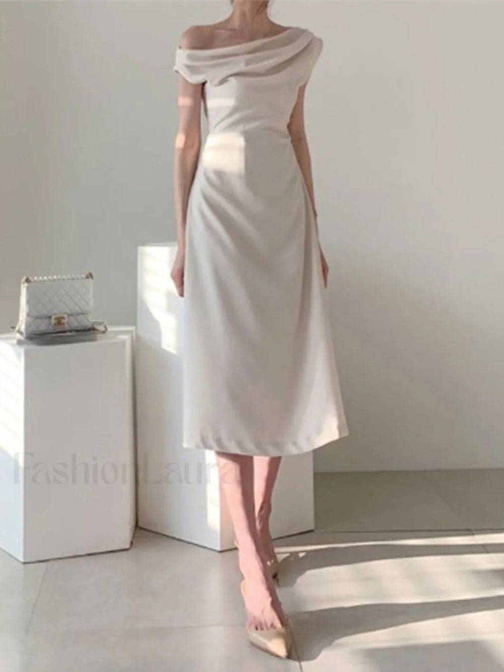 Ruched Boat Neck Party Midi Dress Apricot / S Midi Dresses