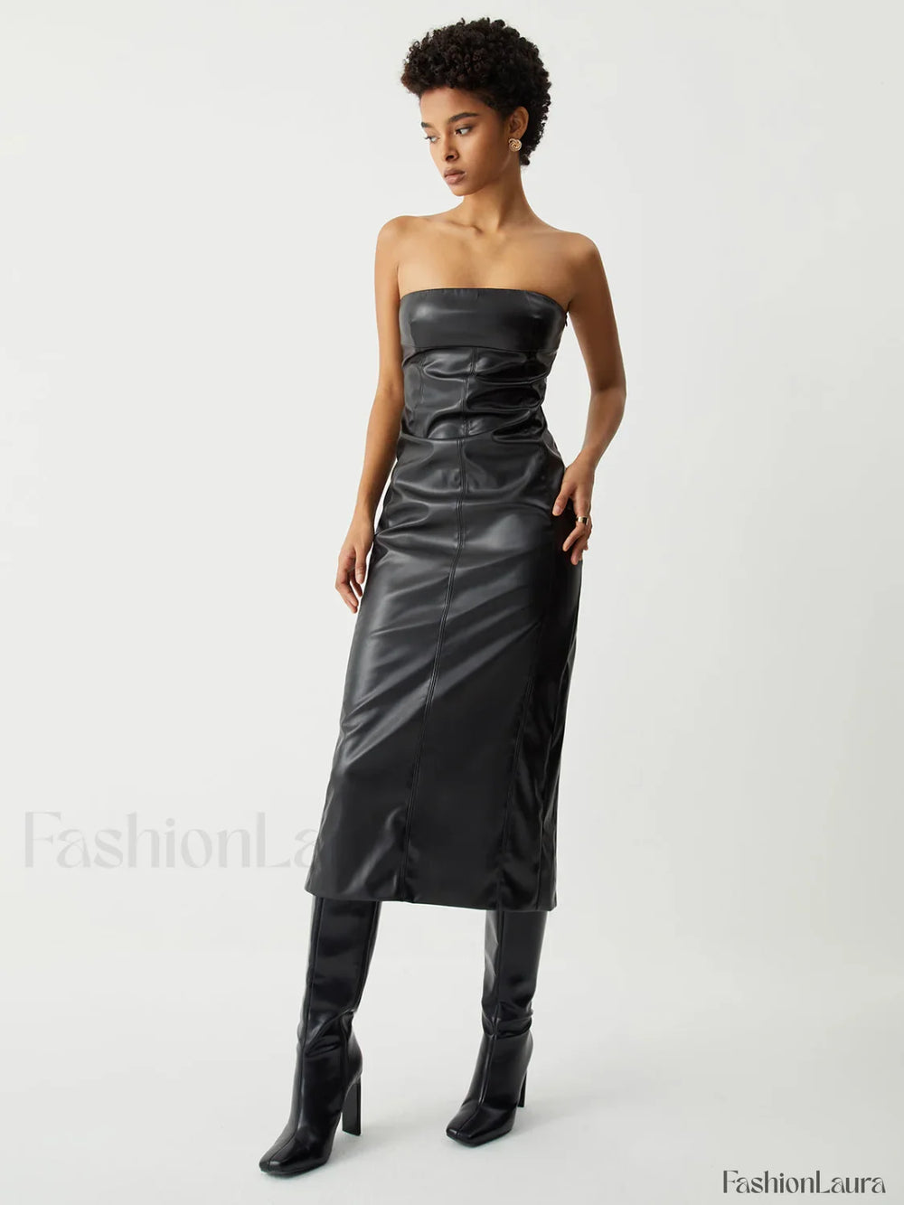 Ruched Faux Leather Trendy Tube Midi Dress Black / XS Dresses