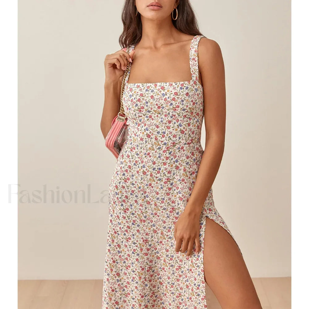 Ruched High Slit Floral Midi Dress