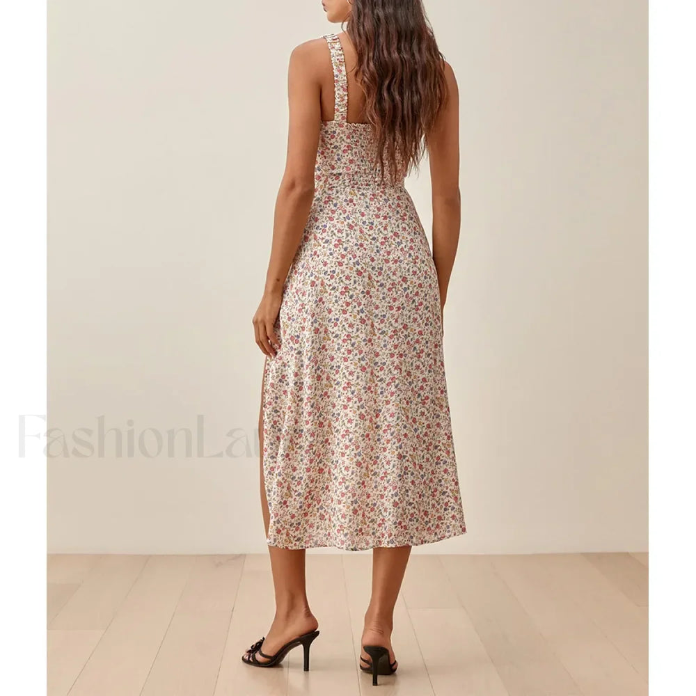 Ruched High Slit Floral Midi Dress
