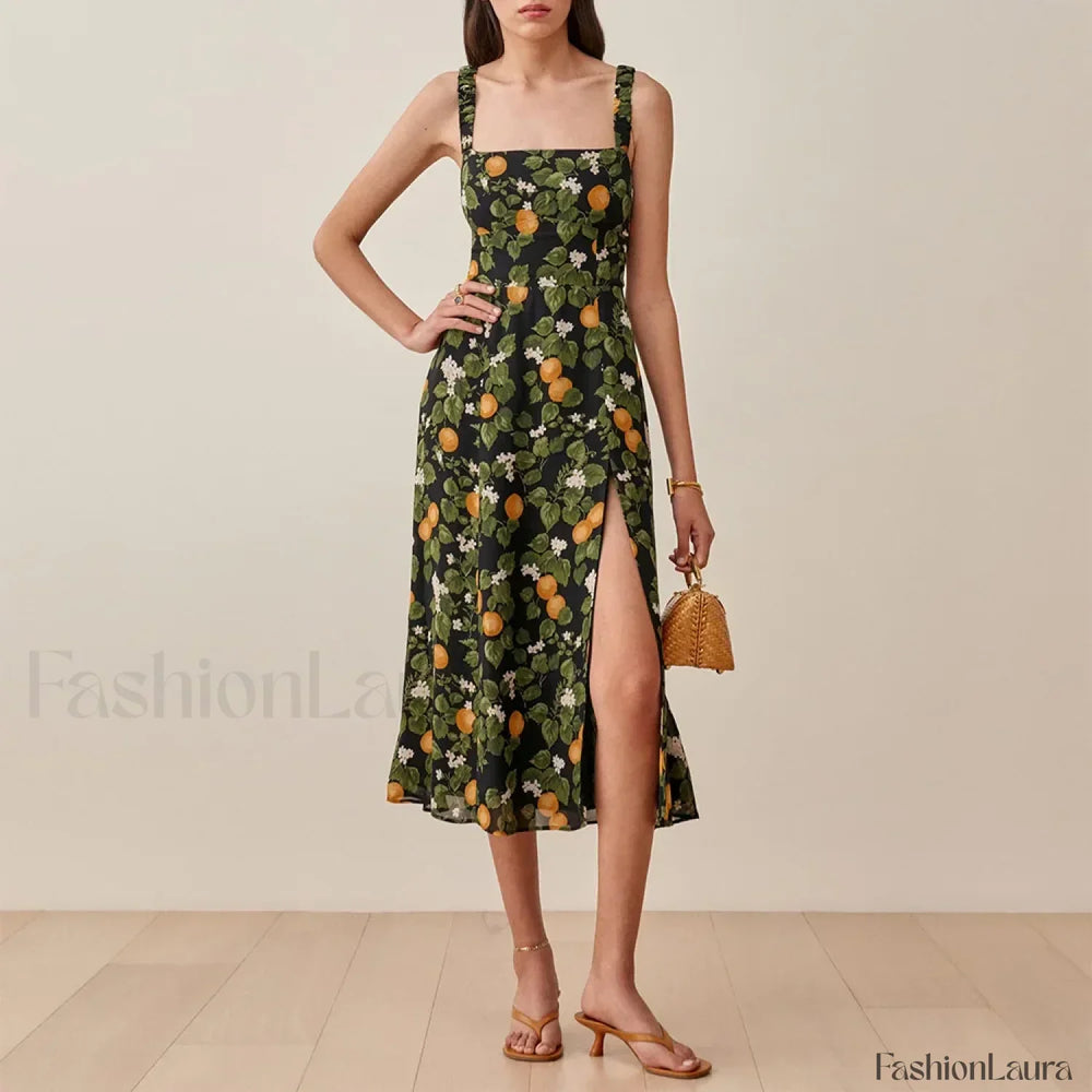 Ruched High Slit Floral Midi Dress green / S