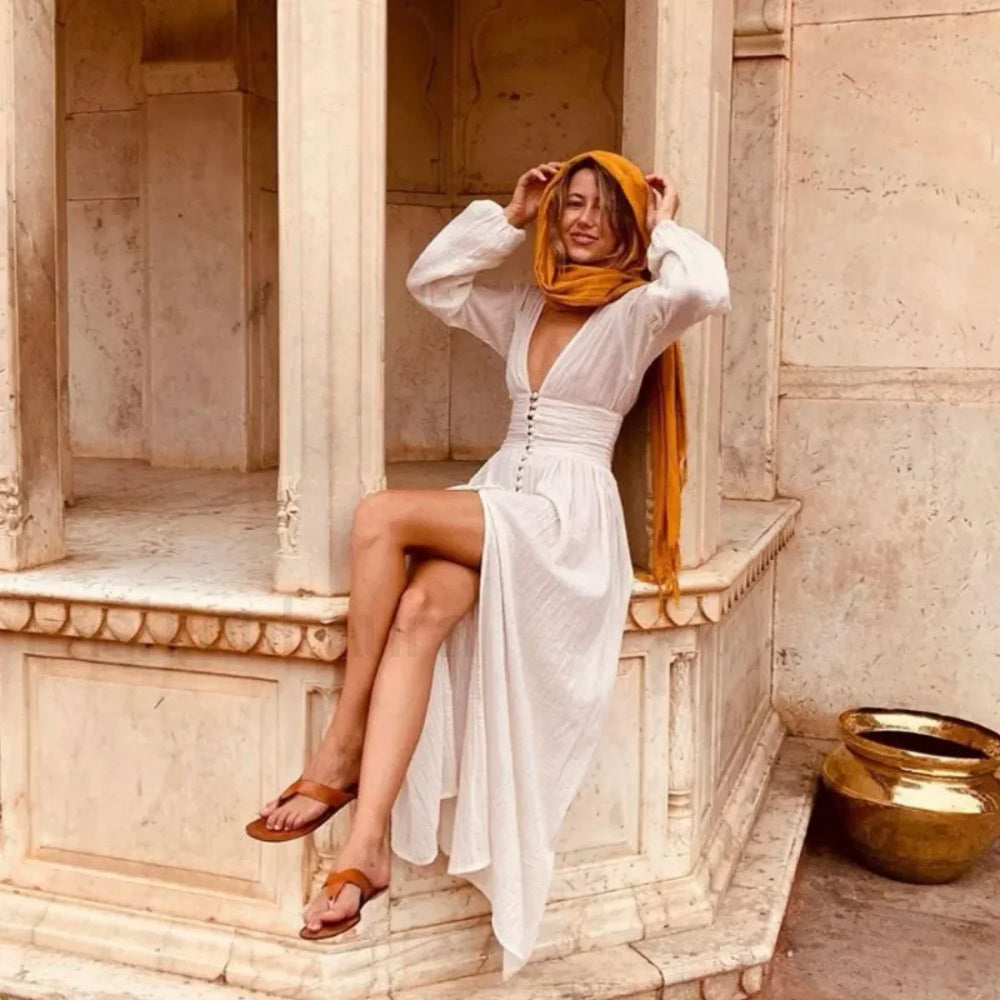 Ruched High Waist Boho Dress