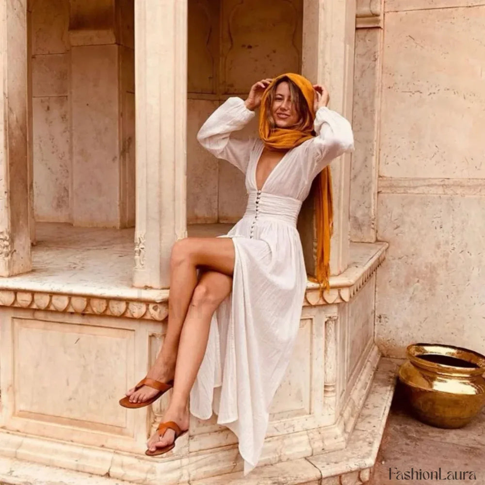 Ruched High Waist Boho Dress