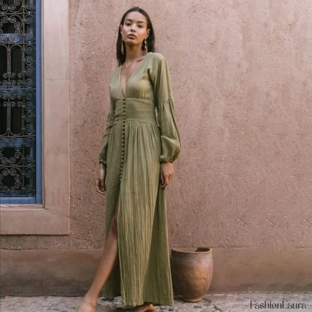 Ruched High Waist Boho Dress Green / S