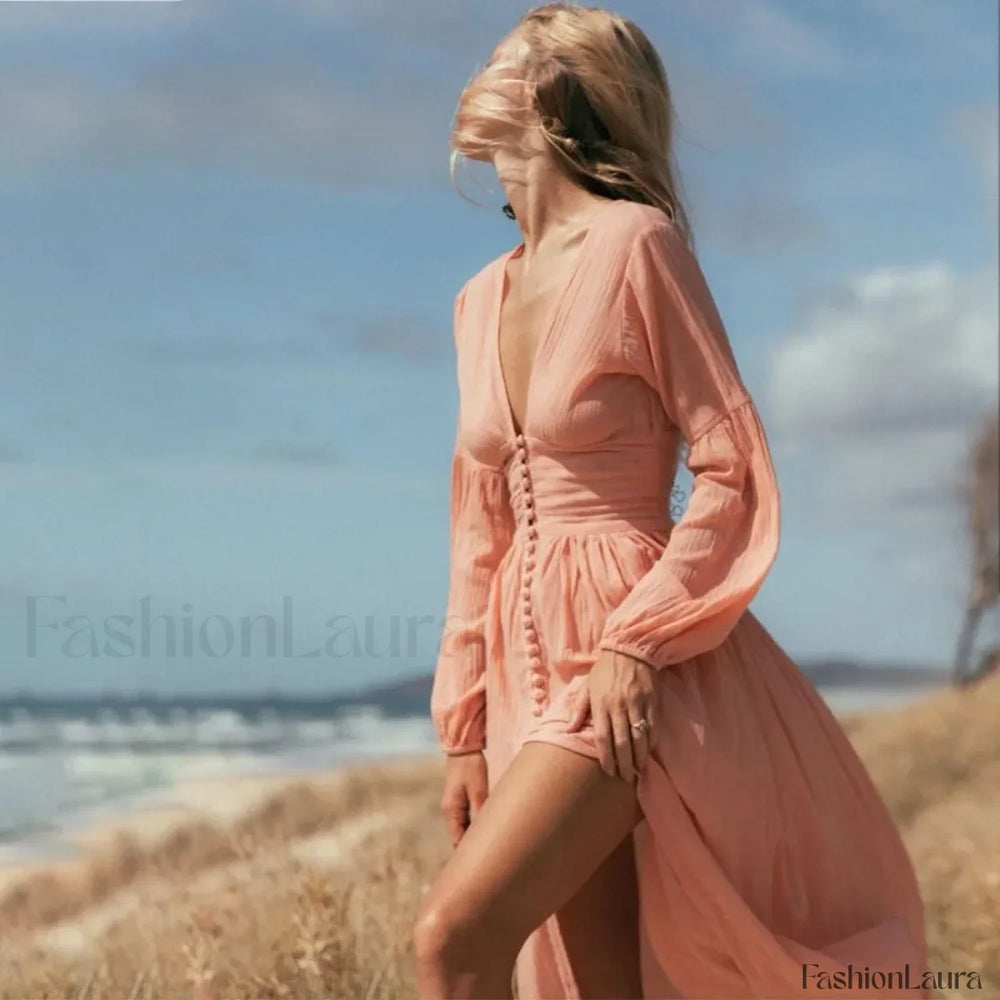 Ruched High Waist Boho Dress Pink / S