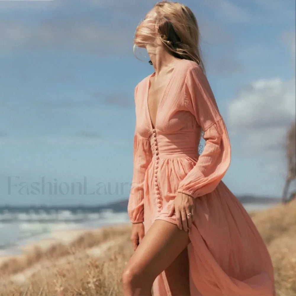 Ruched High Waist Boho Dress Pink / S