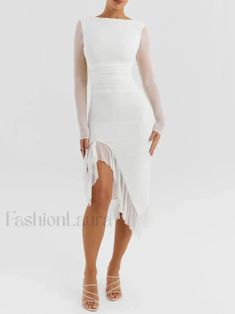 Ruched Irregular Hem Midi Dress White / S