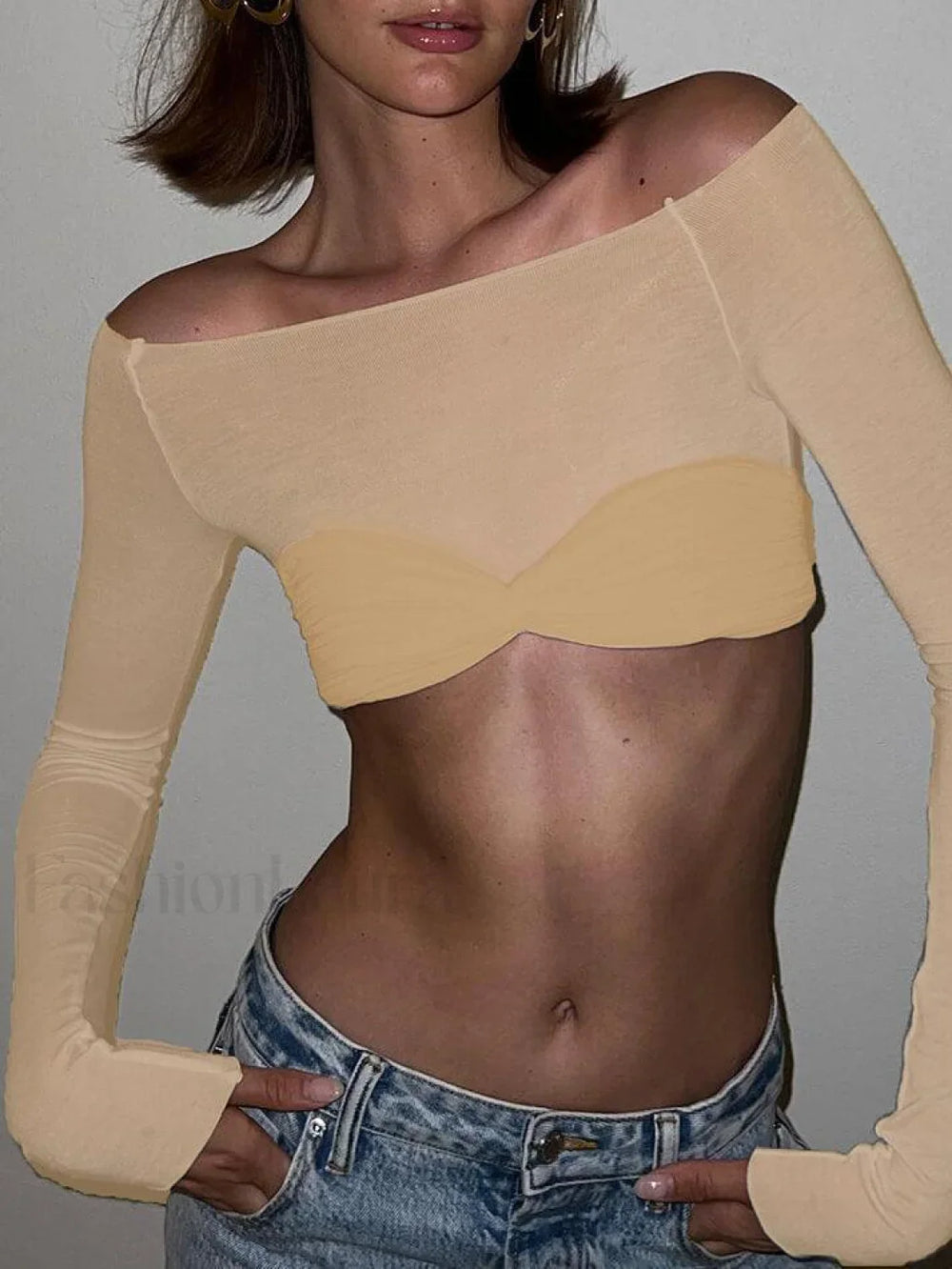 Ruched Off Shoulder Long Sleeve Crop Top Khaki / S Tops&Tees