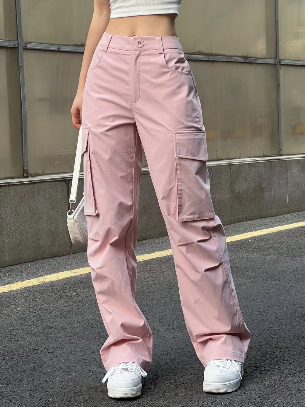 Ruched Pink Straight Leg Cargo Pants Cargo Pants