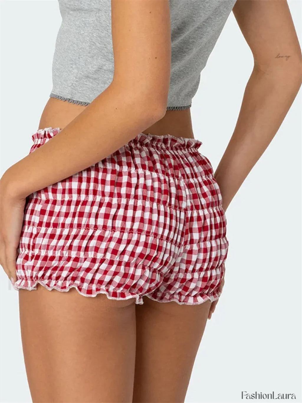 Ruched Plaid Print Slim Fit Low Waist Casual Summer Short