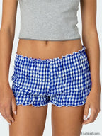 Ruched Plaid Print Slim Fit Low Waist Casual Summer Short dark blue / S