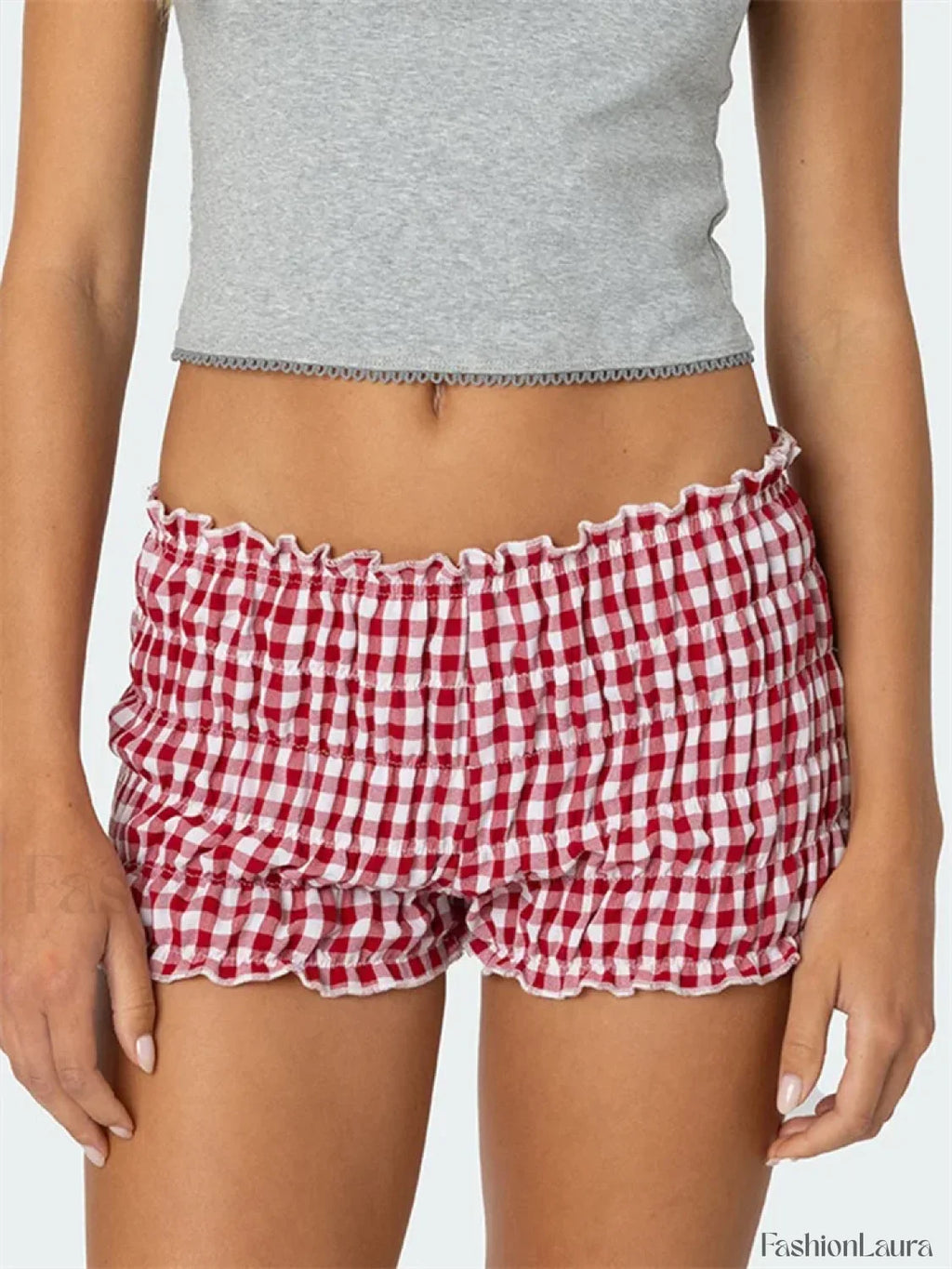Ruched Plaid Print Slim Fit Low Waist Casual Summer Short red / S