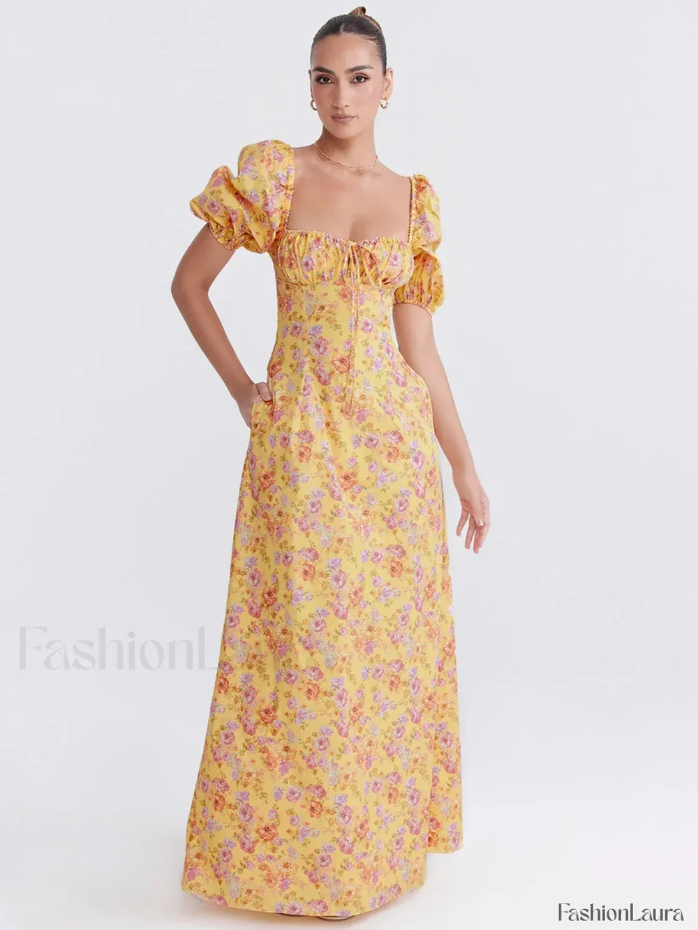 Ruched Pocket Sleeve Floral Dress Yellow / S