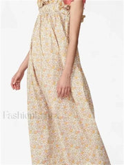 Ruched Ruffle Tie Strap Maxi Dress beige / S