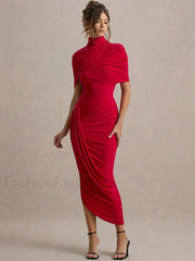 Ruched Turtleneck Midi Dress Red / S