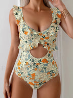 Ruffle Floral Printed Hollow Out One Piece