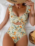 Ruffle Floral Printed Hollow Out One Piece