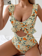 Ruffle Floral Printed Hollow Out One Piece