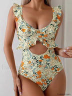 Ruffle Floral Printed Hollow Out One Piece white / S