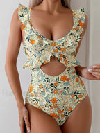 Ruffle Floral Printed Hollow Out One Piece white / S