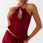 Ruffle Frill Cut Out Crop Top RED / S