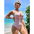 Ruffle Halter Lace Up Backless One Piece Pink / S