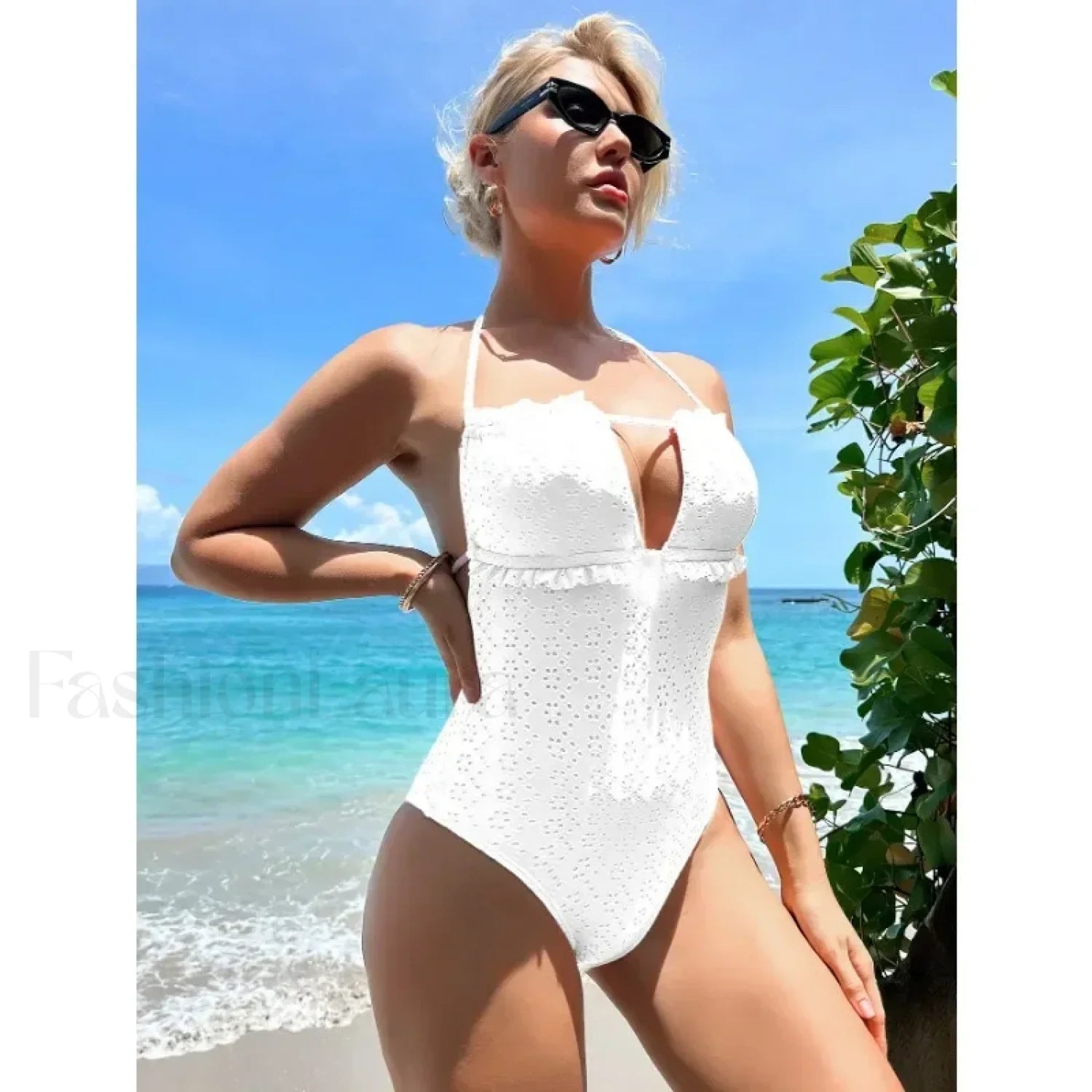 Ruffle Halter Lace Up Backless One Piece White / S