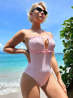 Ruffle Halter Lace Up One Piece Pink / S